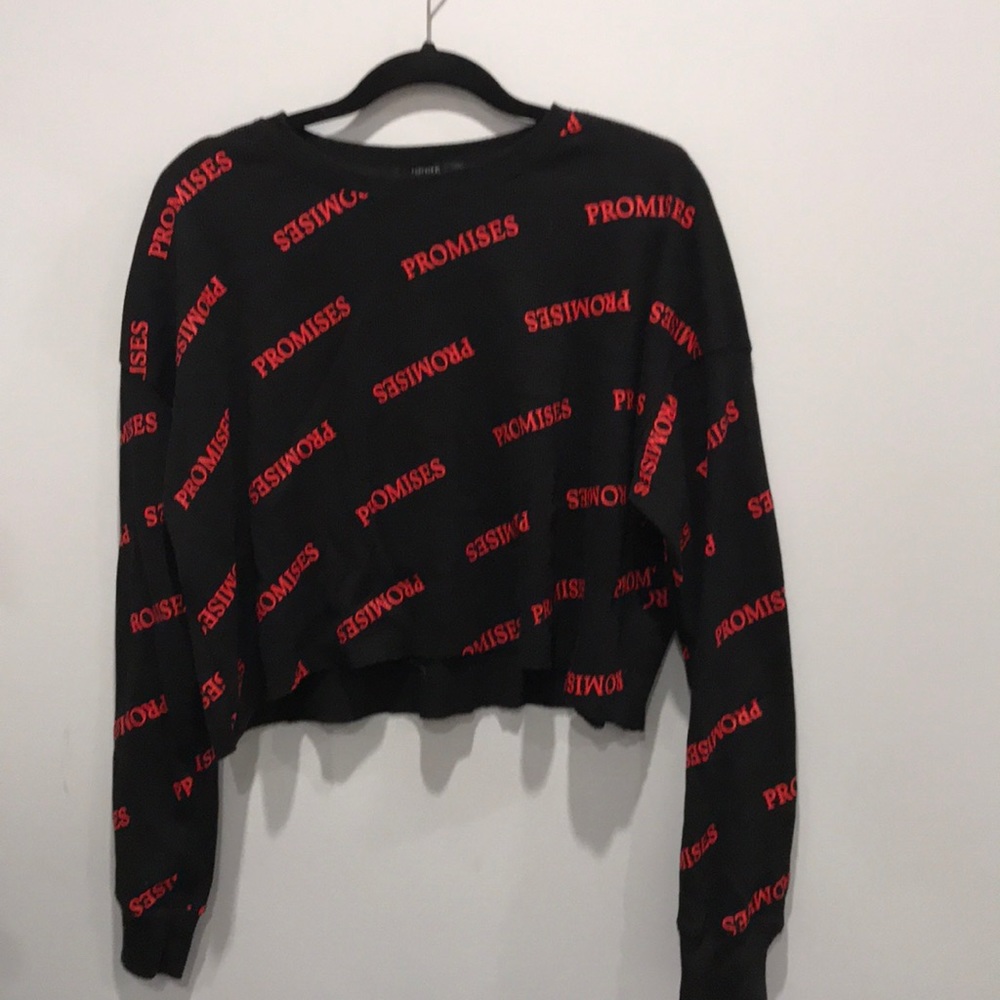 Black long sleeve crop top: w red text